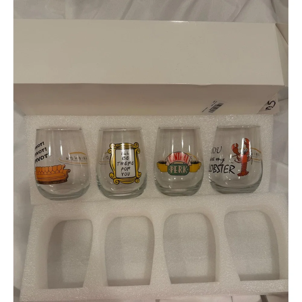 friends tv show 4 piece stemless wine glass set central perk pivot gift new